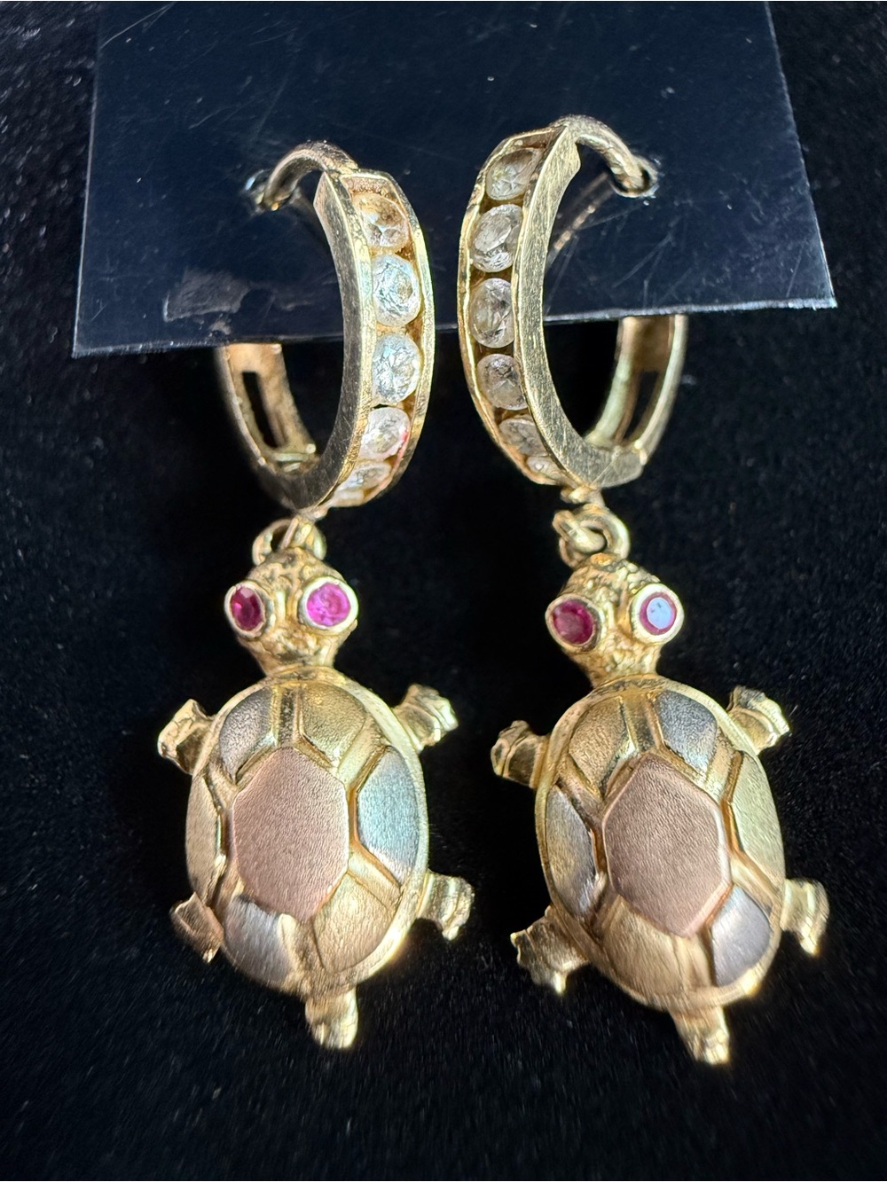 14K Tri Color Gold CZ Turtle Drop Dangle Huggies Hoop Earrings 3.7 Grams